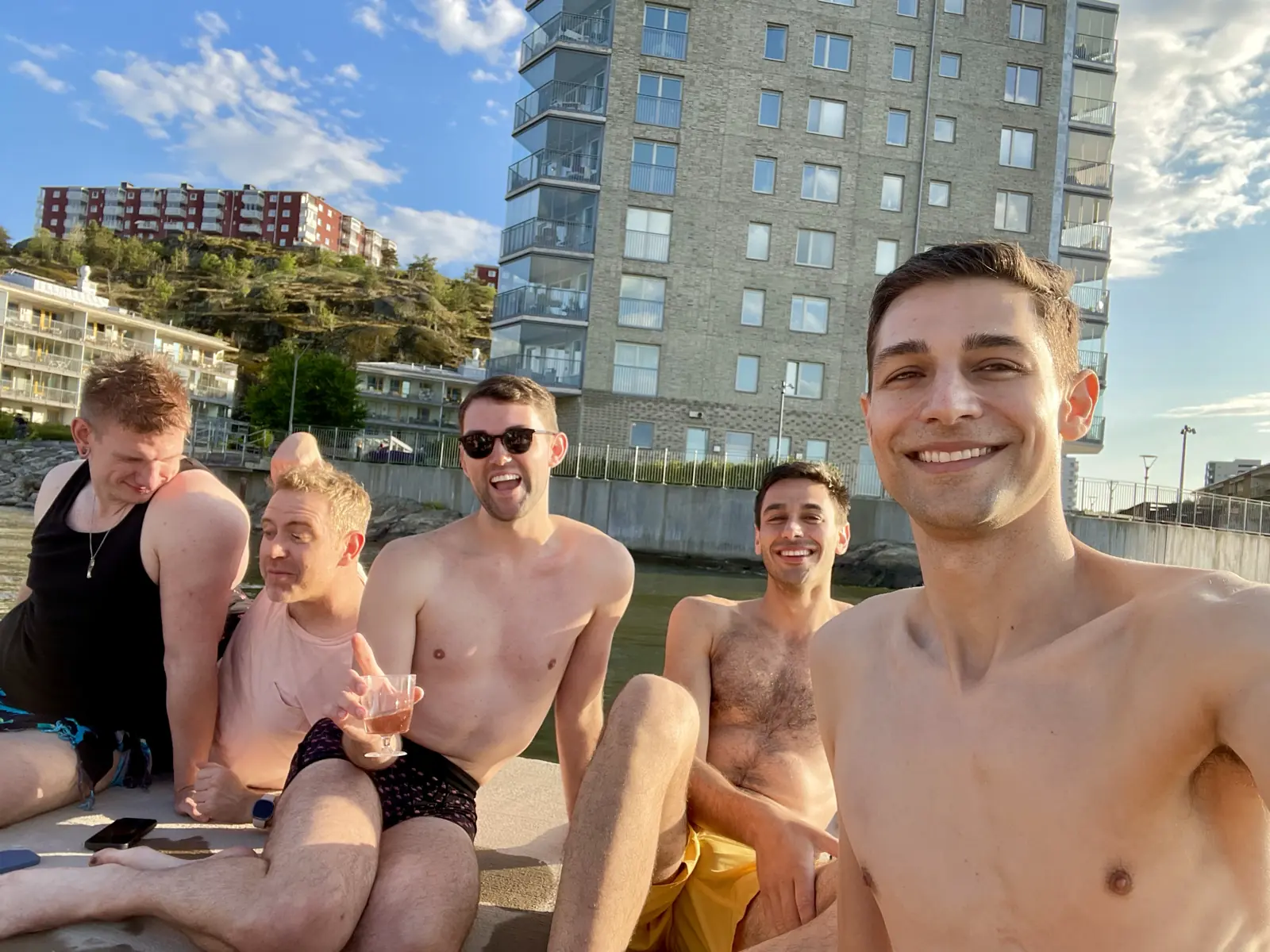 Marcus, Arthur, Wes, Jason, and Jeremiah on the dock during Midsommar